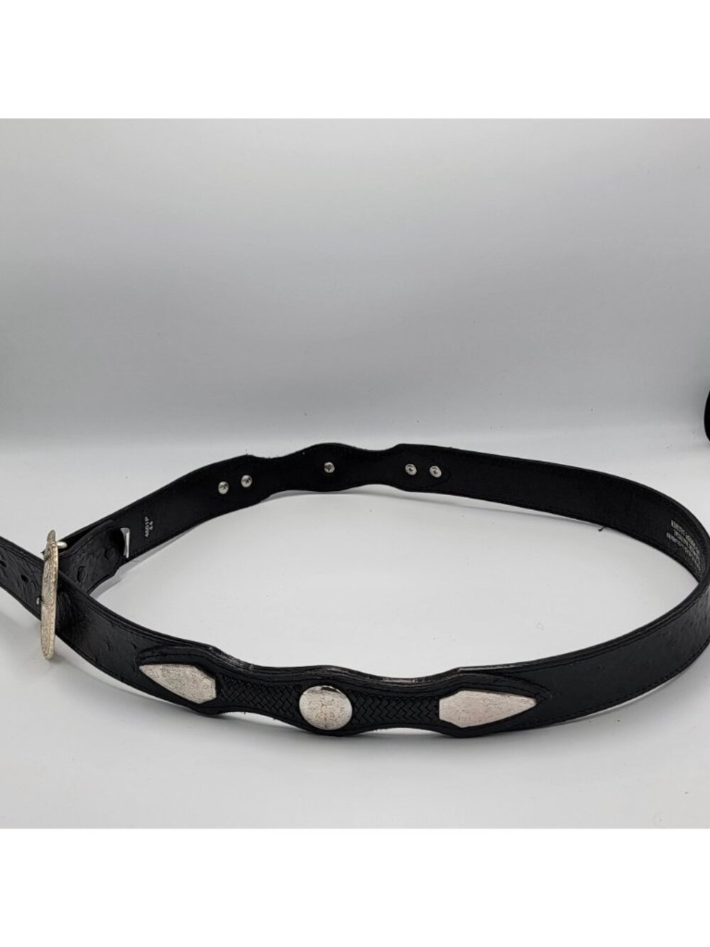Vtg Western/Cowboy Black Genuine Leather Men's Belt with Silver-Plated Buckle